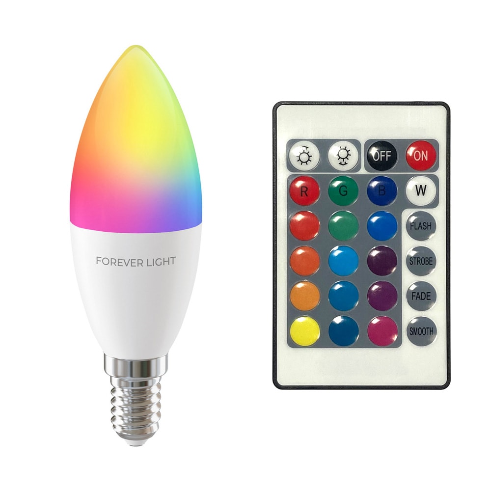 LED lyspære RGB E14 C37 5W 500lm 4000K med fjernkontroll