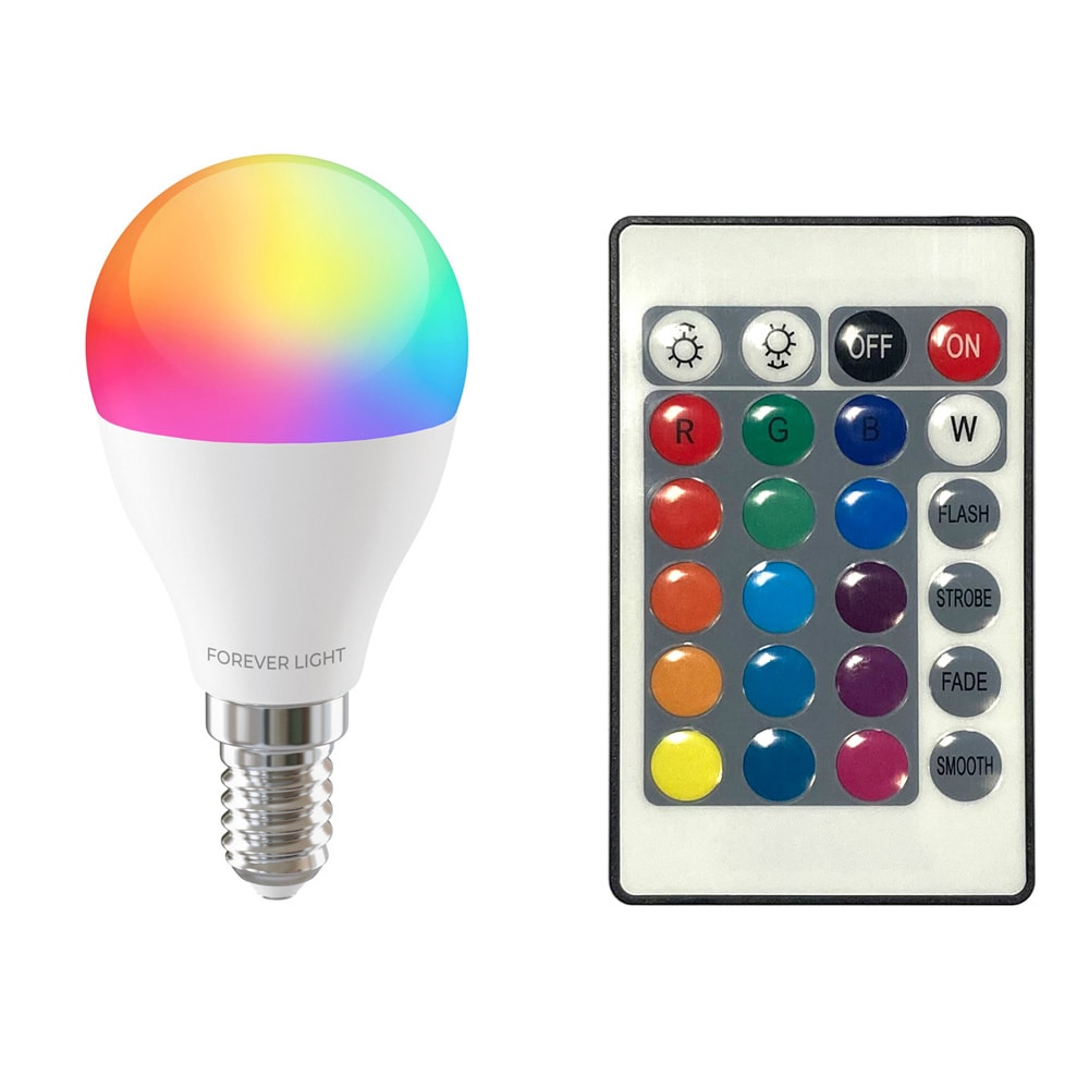 LED lyspære RGB E14 G45 5W 500lm 4000K med fjernkontroll