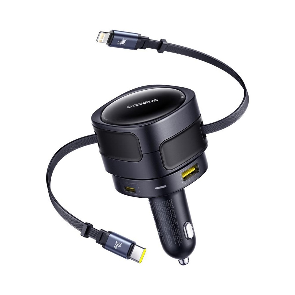 Baseus Billader med 1xUSB-C, 1xUSB PD 90W + innebygd USB-C og belysningskabel - Svart