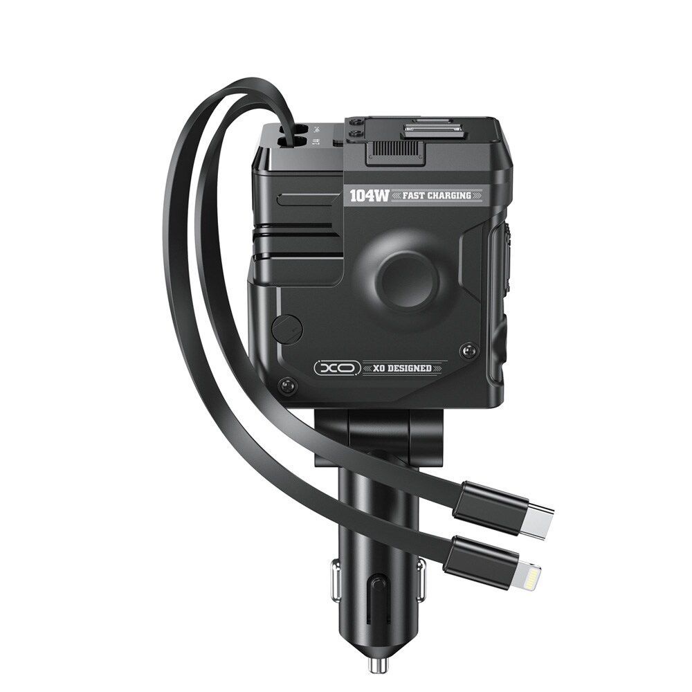 XO Billader med 1xUSB, 1xUSB-C 104W med innebygd USB-C- og Lightning-kabel