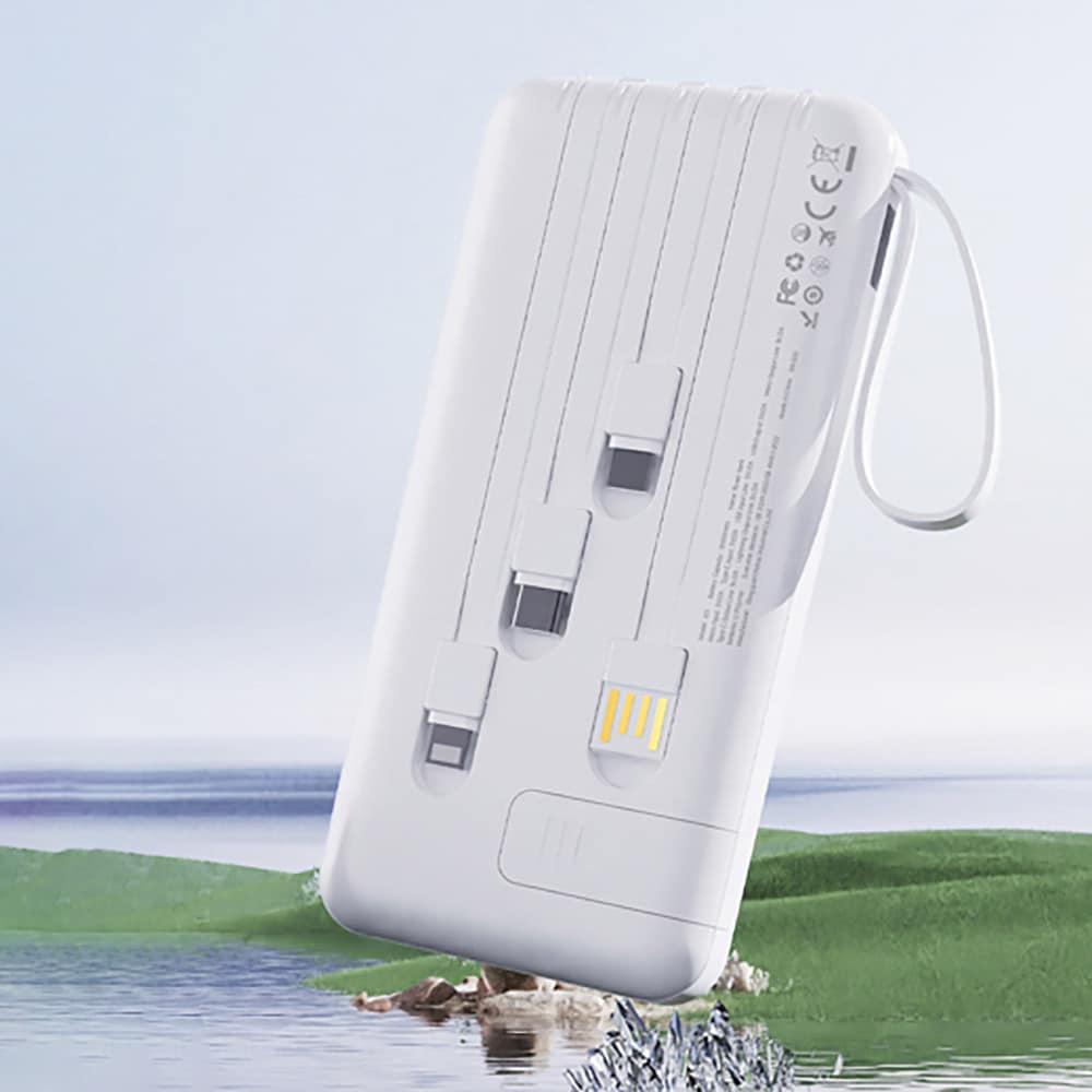 Dudao K11 10000mAh Powerbank med innebygde USB-kabler - Hvit