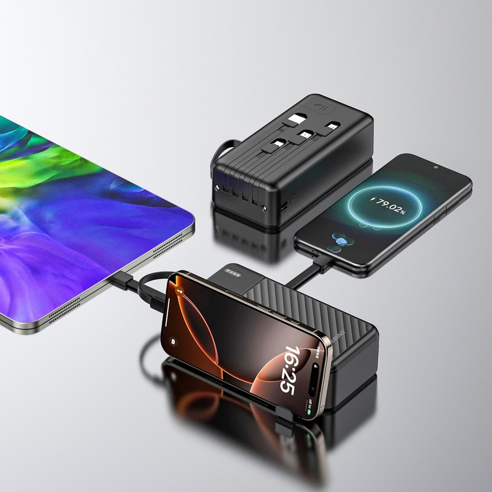 Dudao K11 Max 30000mAh Powerbank med innebygde USB-kabler - Svart