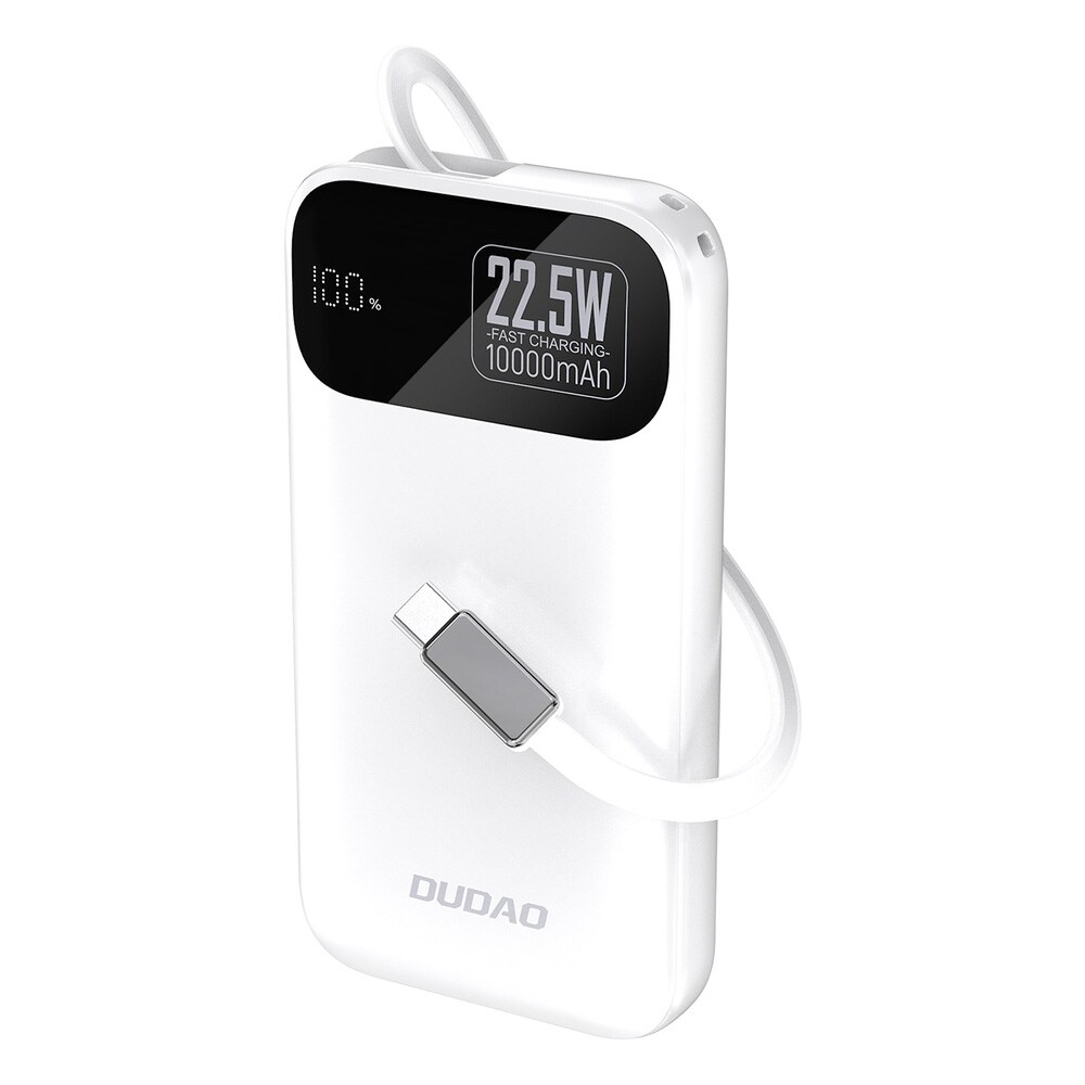 Dudao K31 10000 mAh 22,5 W PD Powerbank med innebygd USB-C-kabel - hvit