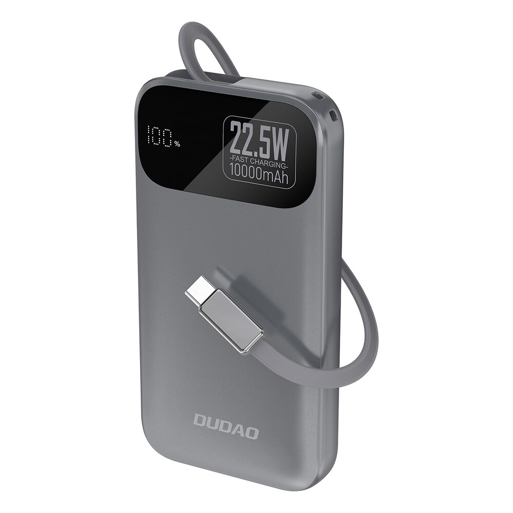 Dudao K31 10000 mAh 22,5 W PD Powerbank med innebygd USB-C-kabel - grå