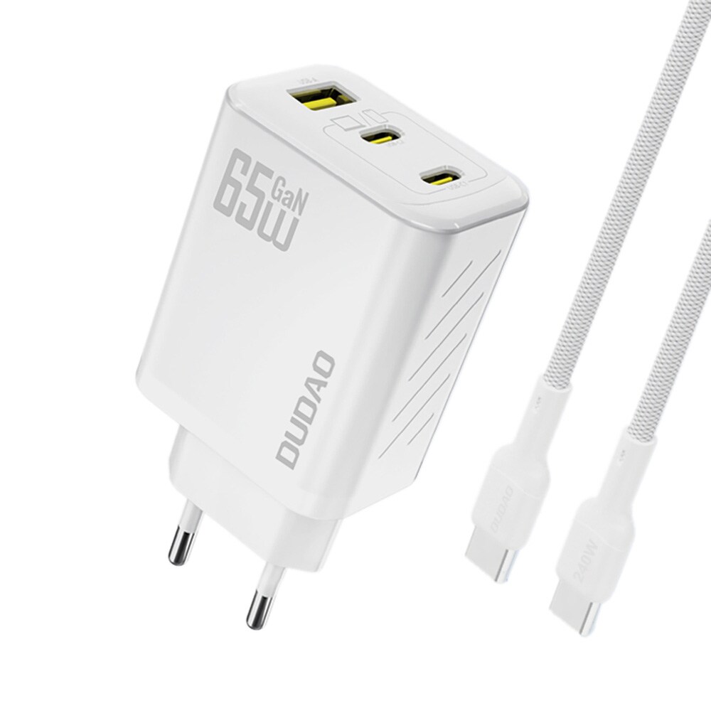 Dudao 65 W GaN vegglader med USB-C-, USB-A- og USB-C-kabel - Hvit