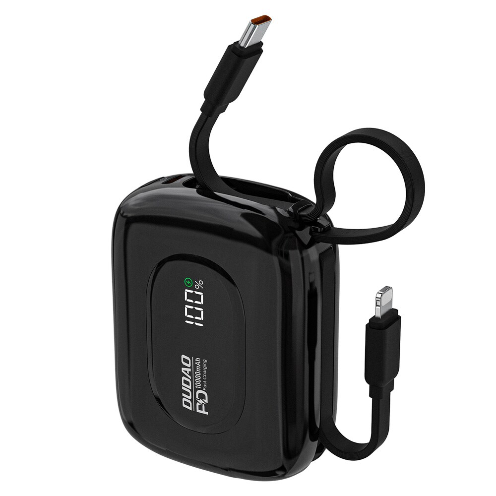 Dudao Powerbank 22,5 W 10000 mAh med innebygd USB-C og lynkabel - Svart