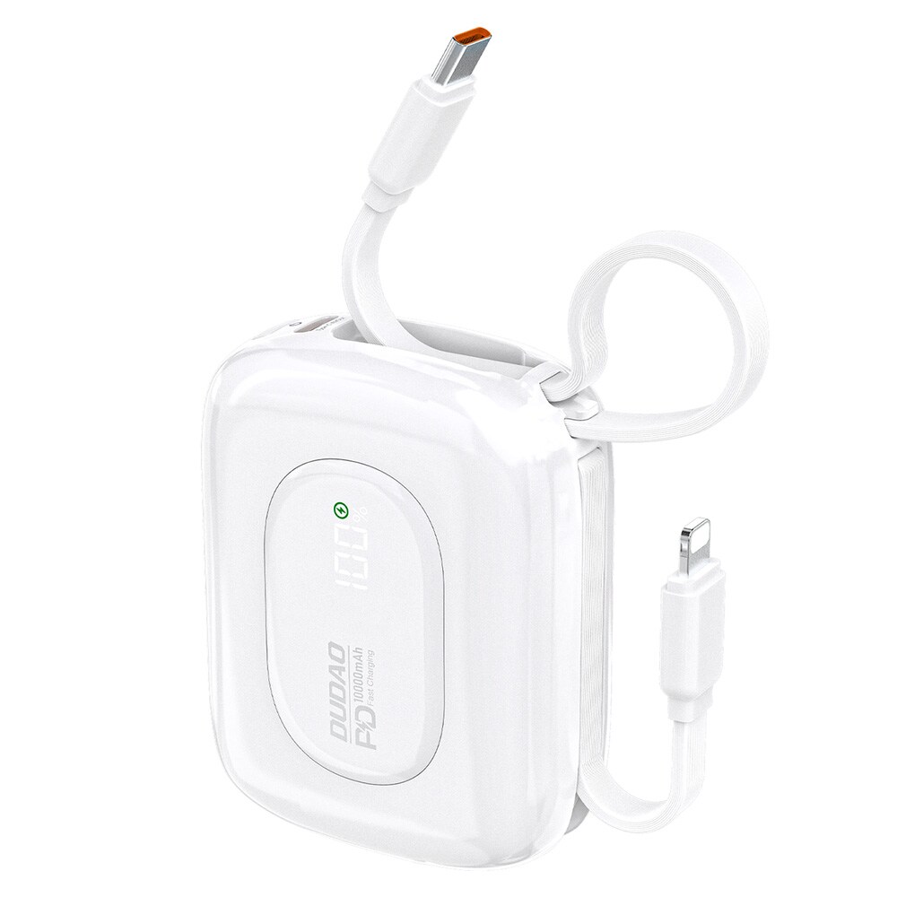 Dudao Powerbank 22,5 W 10000 mAh med innebygd USB-C og lynkabel - Hvit