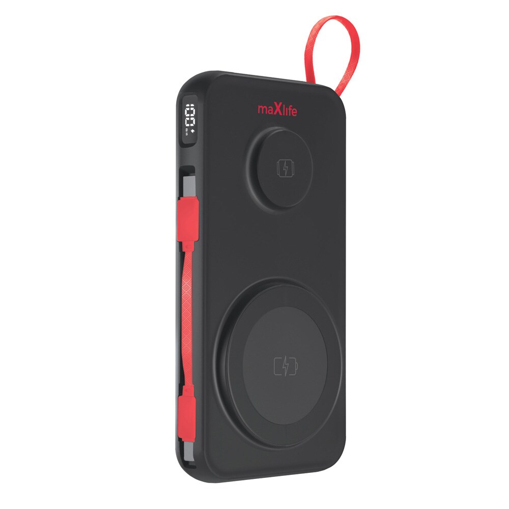 Maxlife Powerbank 10000 mAh med trådløs lading og innebygd USB-C-kabel
