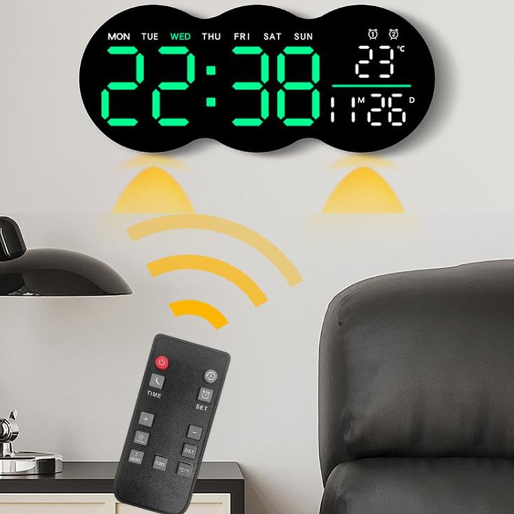 Digital veggklokke / LED-klokke med dato / temperatur / ukedag / timer / fjernkontroll