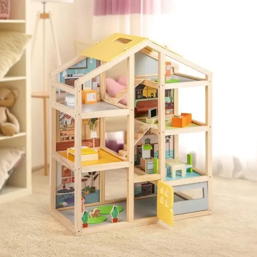 Dukkehus for barn 3+ med møbler og figurer - 21 deler