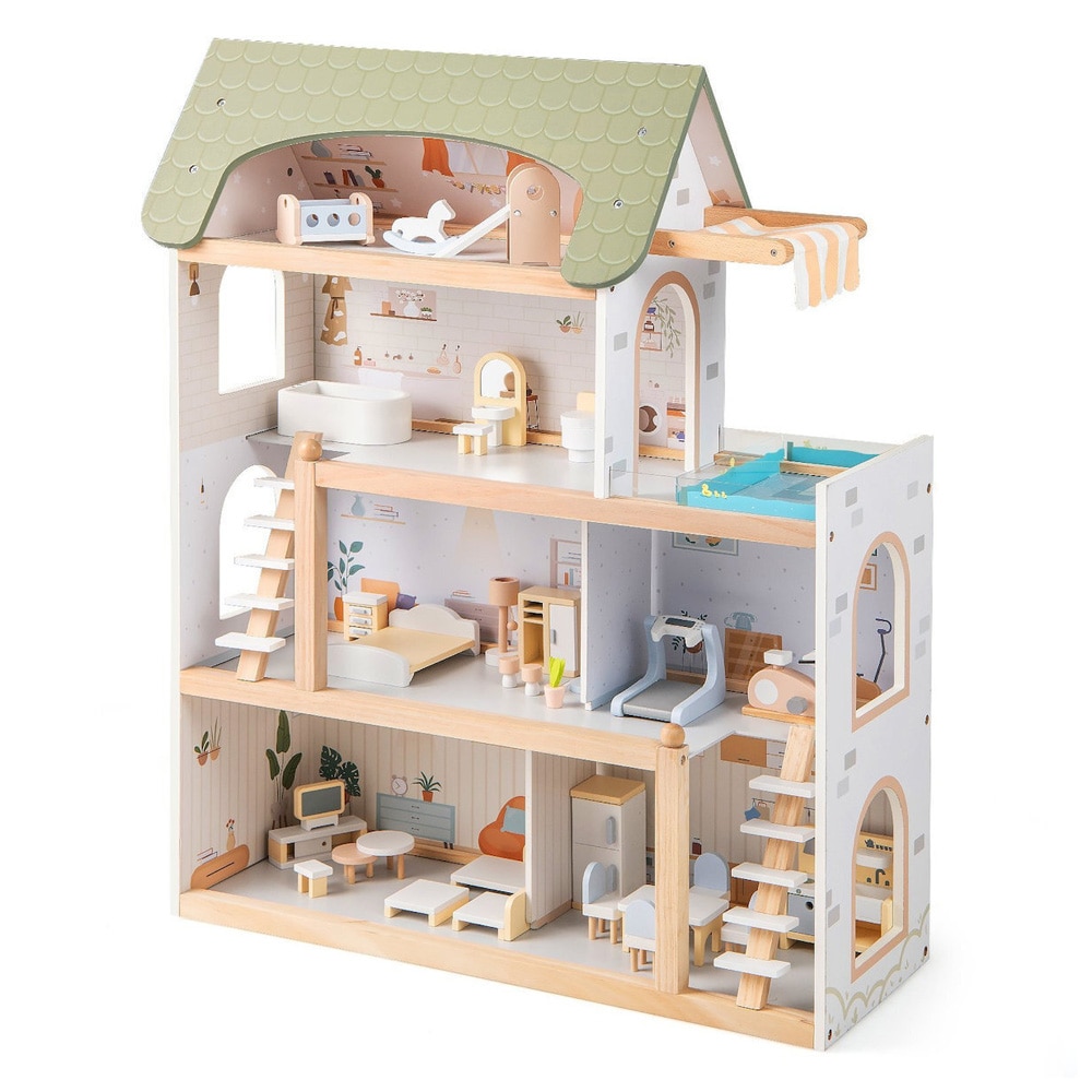Dukkehus for barn 3+ med møbler og tilbehør - 33 deler