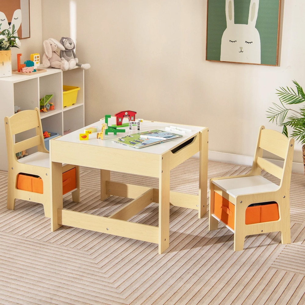 3-i-1 aktivitetsbord med to stoler for barn - natur/grå