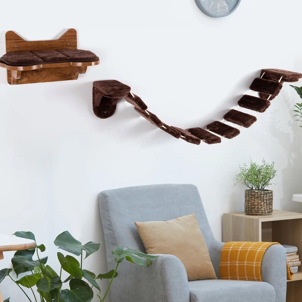 Veggmontert klatrestige med katteseng - Brun