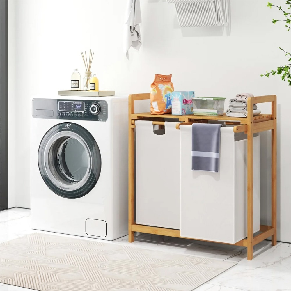 Skittentøyskurv i bambus med hylle og 2 avtakbare poser – Hvit/tre