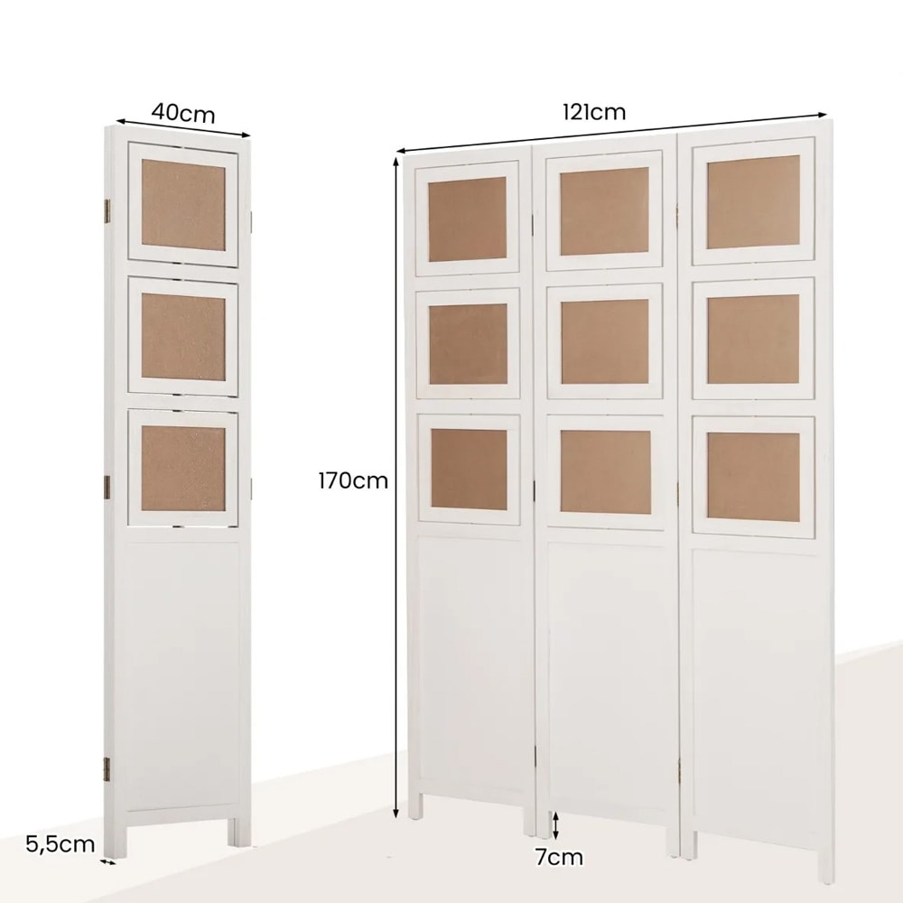 Skjermvegg med 3 paneler og 9 fotorammer – H170 cm, hvit