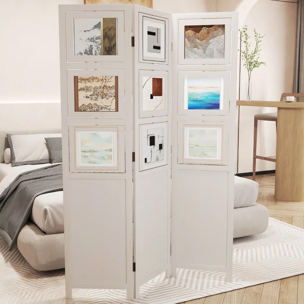 Skjermvegg med 3 paneler og 9 fotorammer – H170 cm, hvit