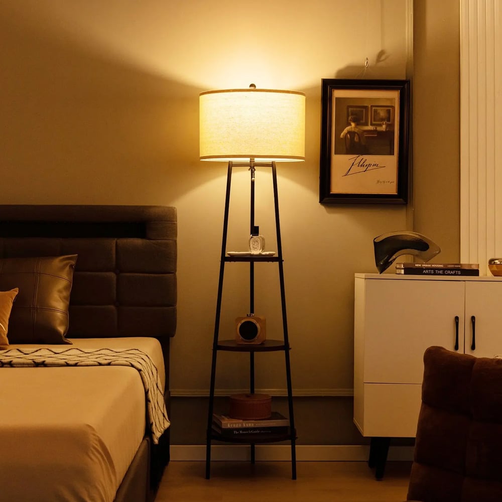 Gulvlampe med 3 hyller - Svart