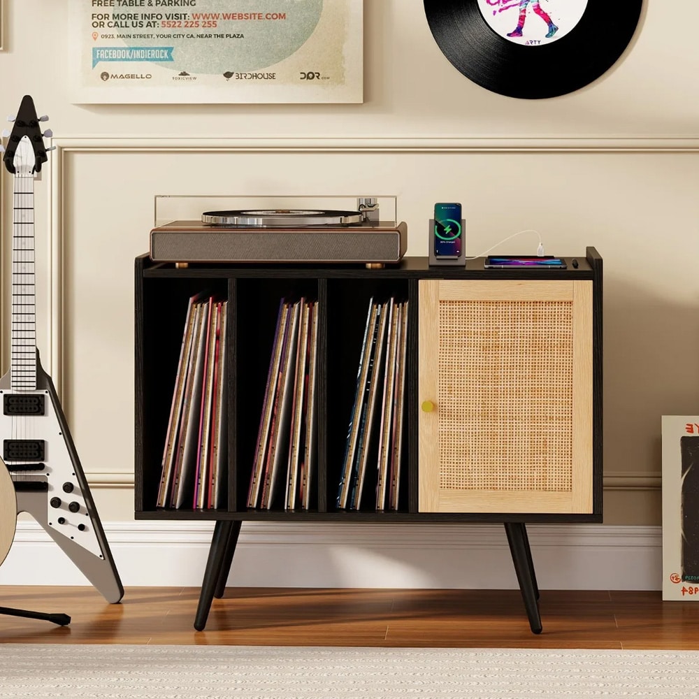 Stereobenk med justerbar hylle for vinylplater