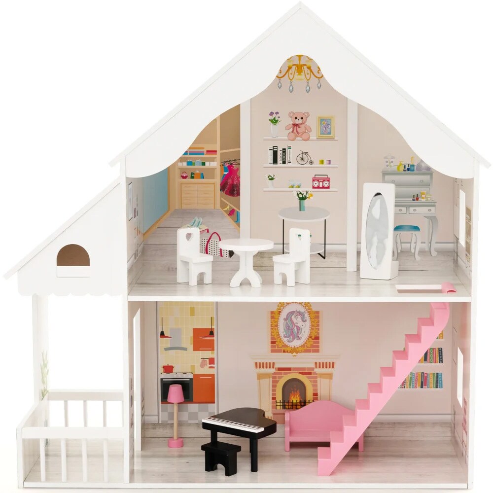 2-etasjes dukkehus med møbler