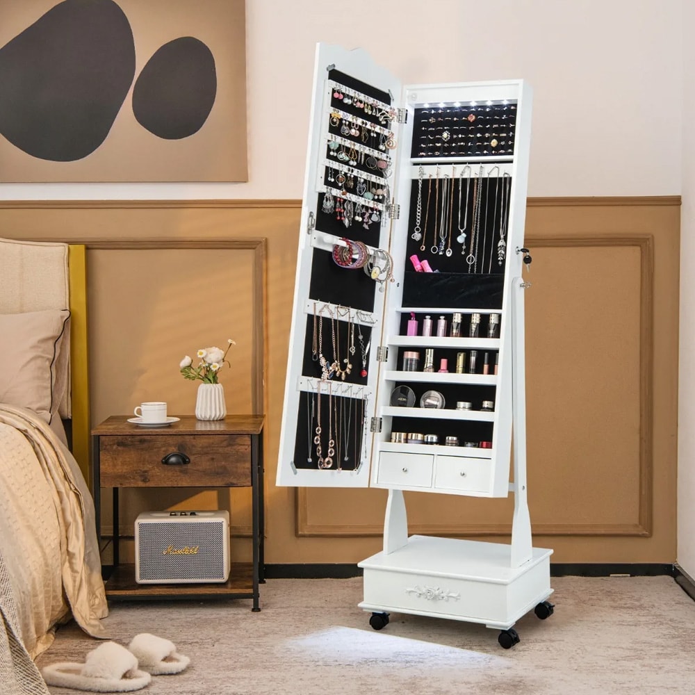 Speilskap med smykkeoppbevaring på hjul med lås, LED-belysning og justerbar tilt
