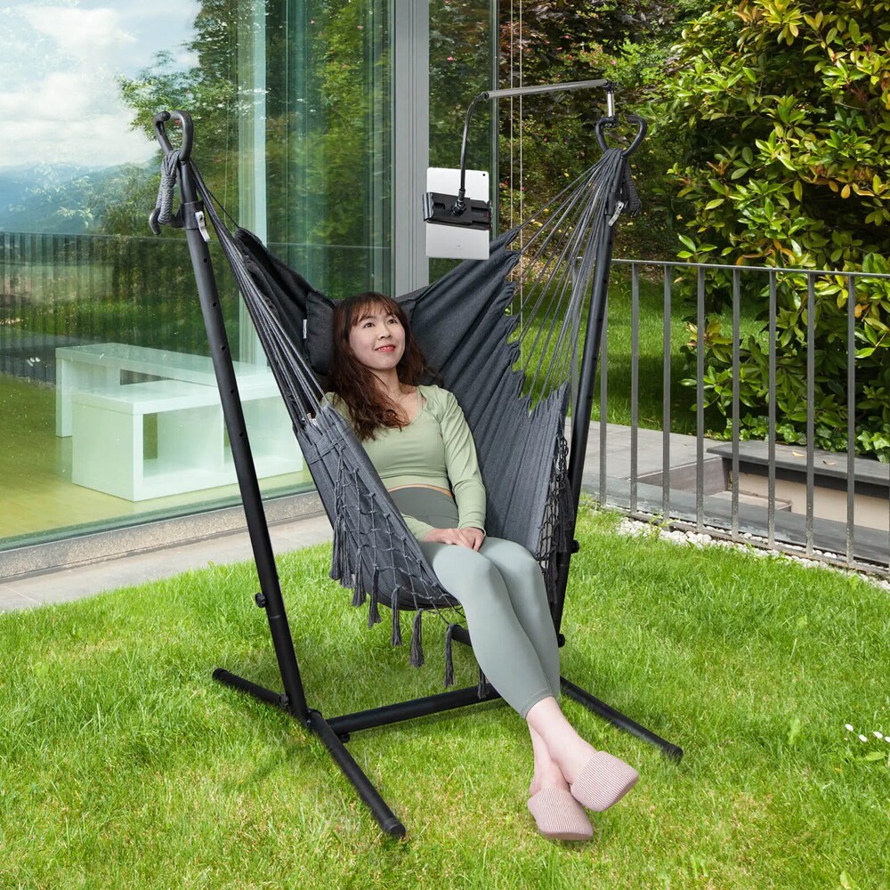 Justerbar hengekøye med stålramme - grå, med pute, lomme og mobilholder