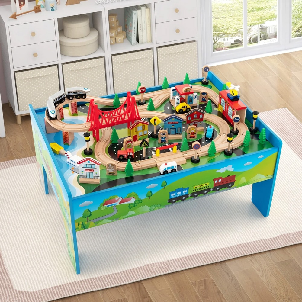 togsett i tre med 80 deler og bord - fargerik jernbane for barn
