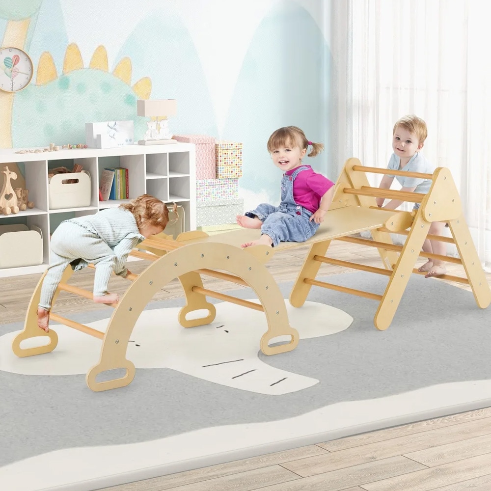 3-i-1 klatrestativ i tre for barn - trekant, bue og rampe