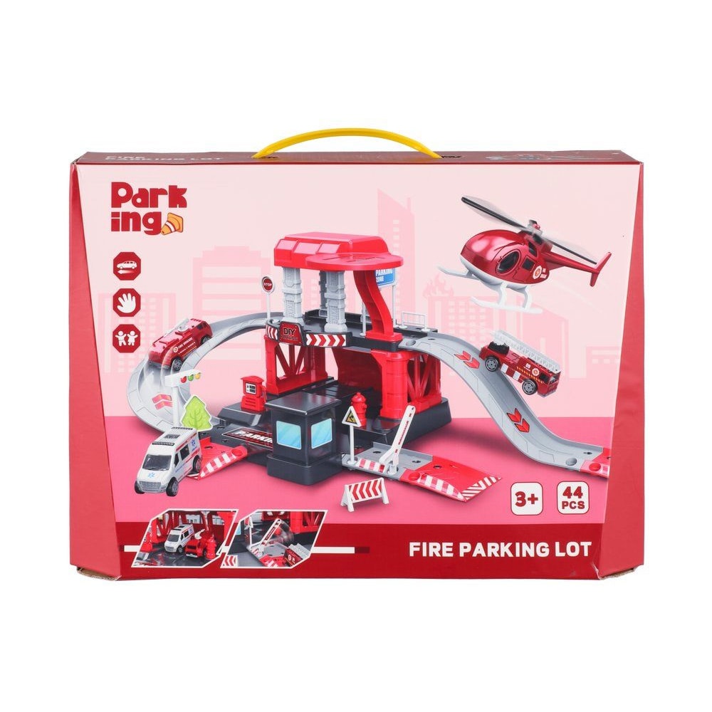 Parkeringshus med brannbil - lekesett med 44 deler