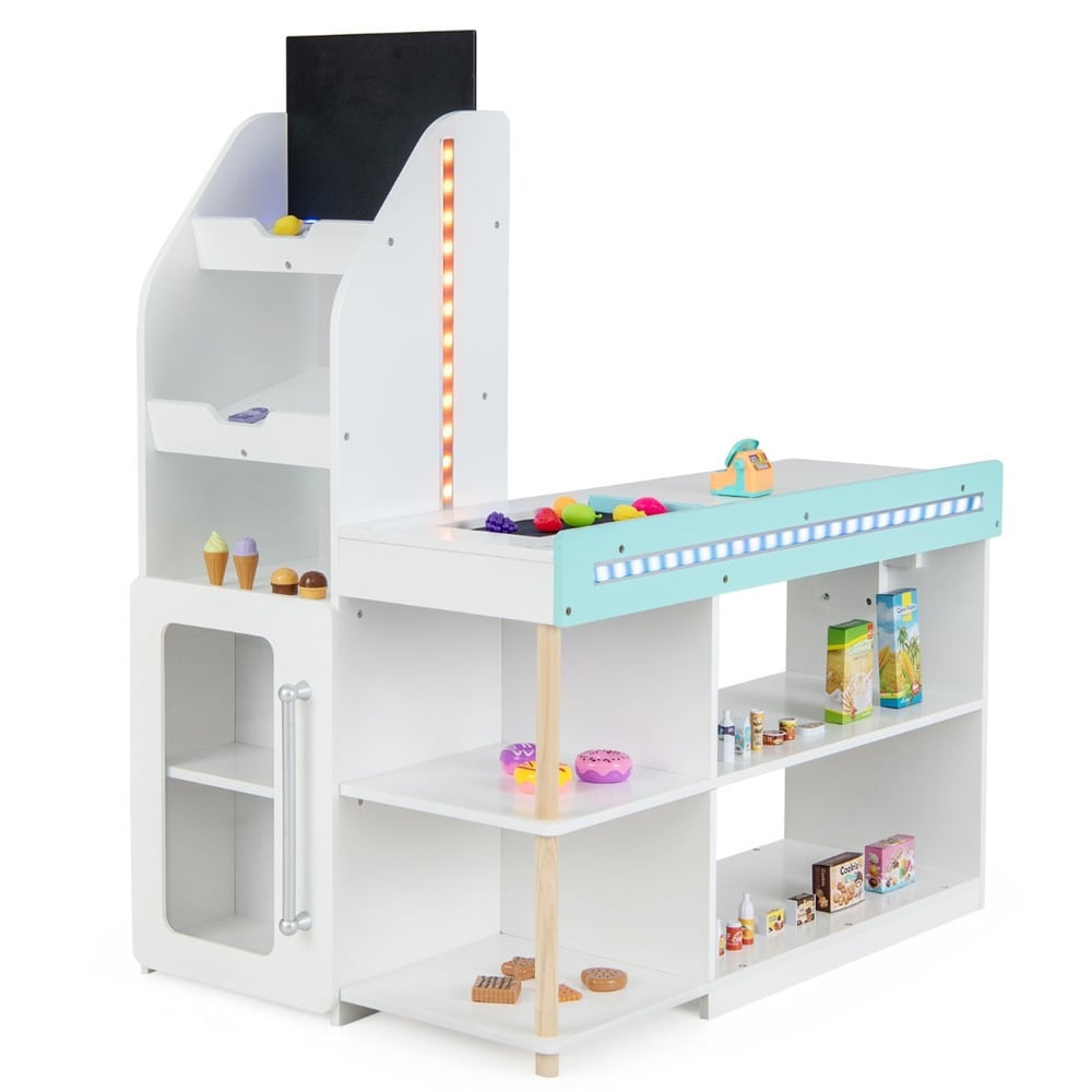 Lekebutikk for barn i tre med LED-belysning, handlevogn og 39 tilbehør - Hvit