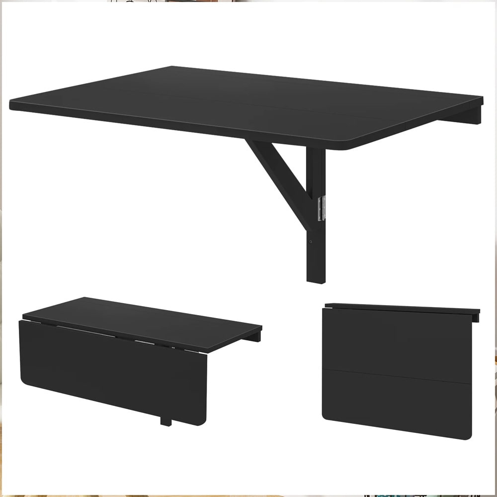 Veggmontert klaffebord 80 x 60 cm / veggbord / bord med nedfellbar bordplate i MDF og furu - svart