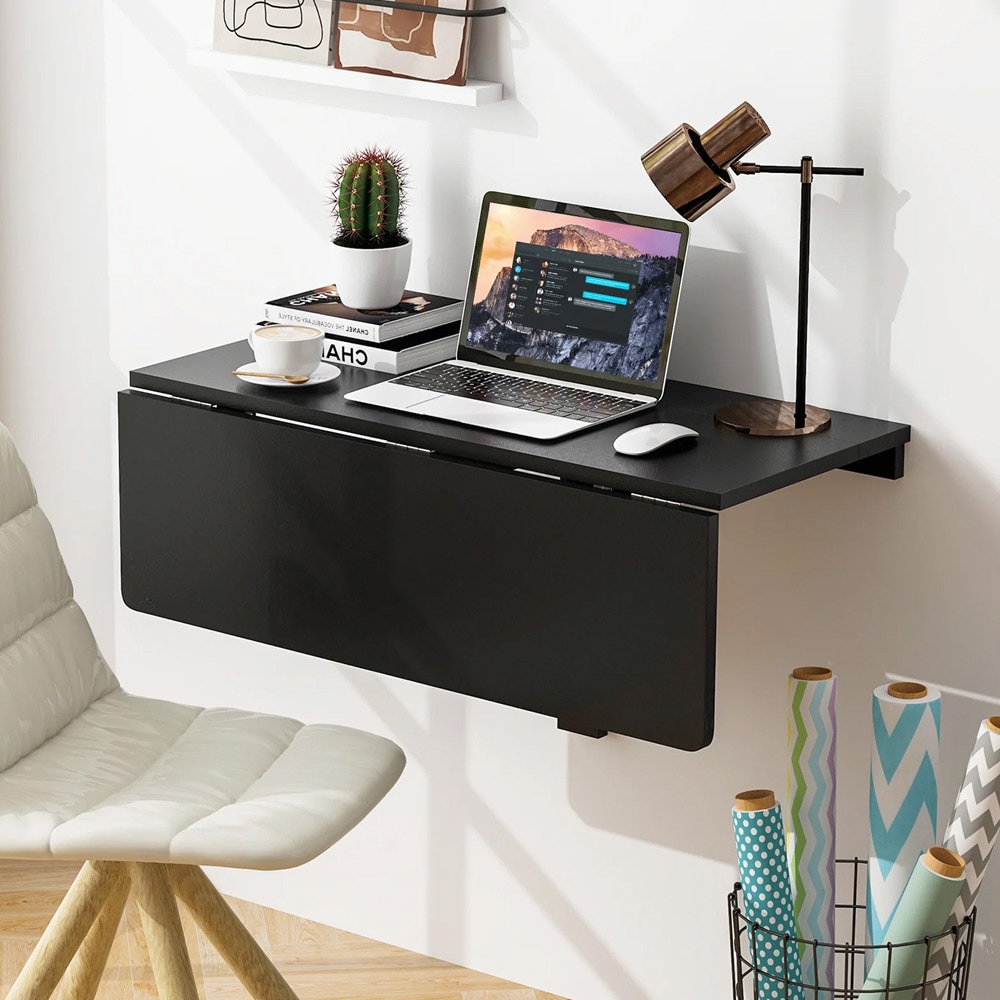 Veggmontert sammenleggbart bord 80 × 60 cm i MDF og furu med dobbel sammenleggbar bordplate - Svart