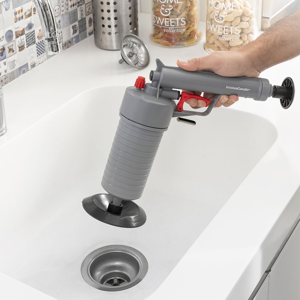 Trykkluftpistol for rengjøring av avløp med universaladaptere og kjemikaliefri rengjøring