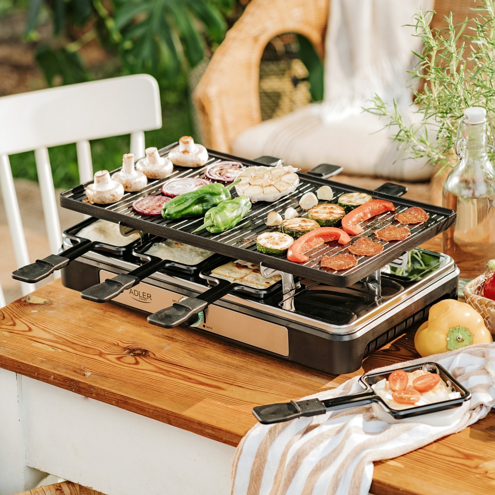 Raclette - Elektrisk bordgrill med dobbel grillplate og 8 raclettepanner