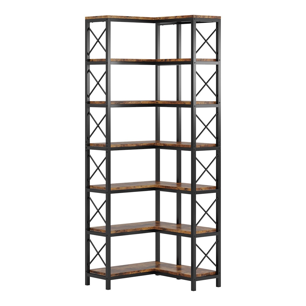 Industriell hjørnebokhylle med 7 hyller og solid metallramme / hjørnebokhylle i industriell stil / hjørnebokhylle