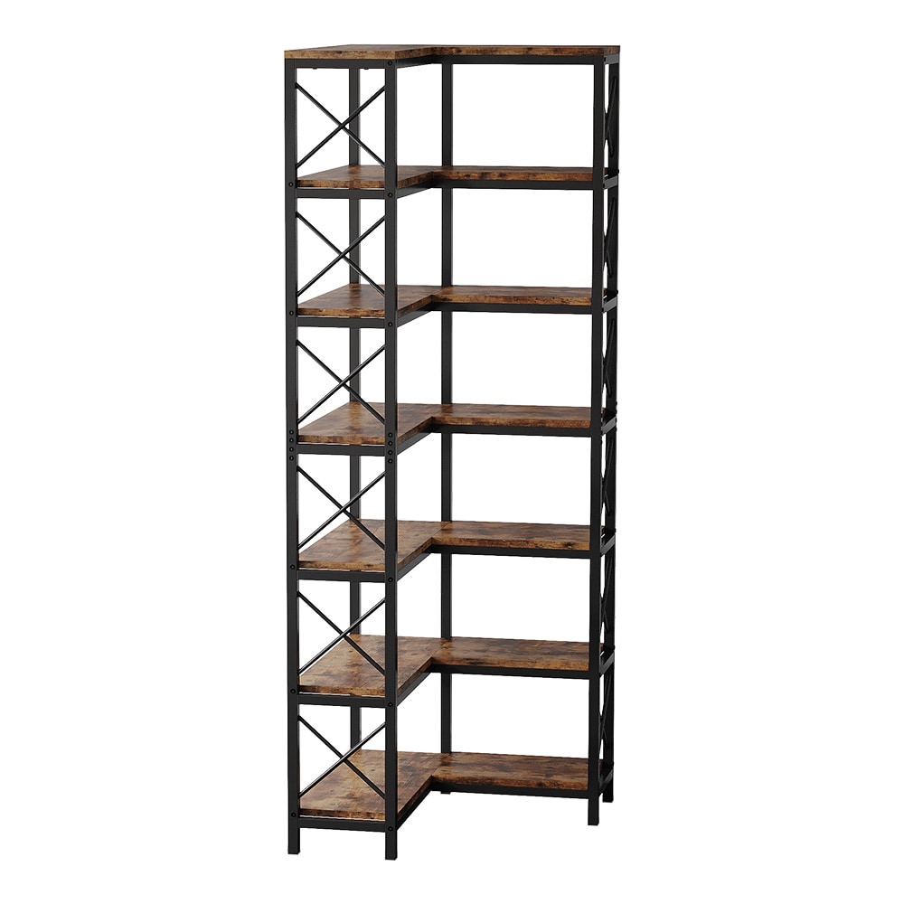 Industriell hjørnebokhylle med 7 hyller og solid metallramme / hjørnebokhylle i industriell stil / hjørnebokhylle