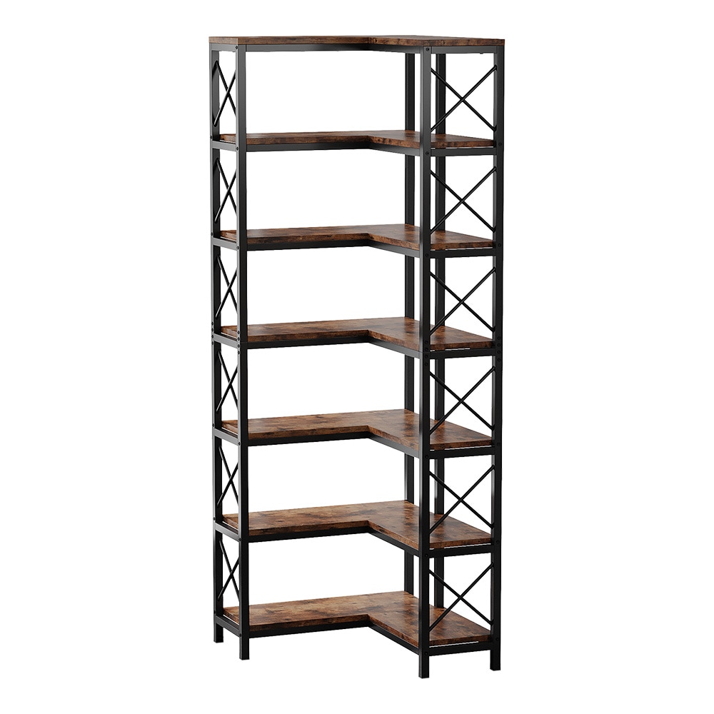 Industriell hjørnebokhylle med 7 hyller og solid metallramme / hjørnebokhylle i industriell stil / hjørnebokhylle