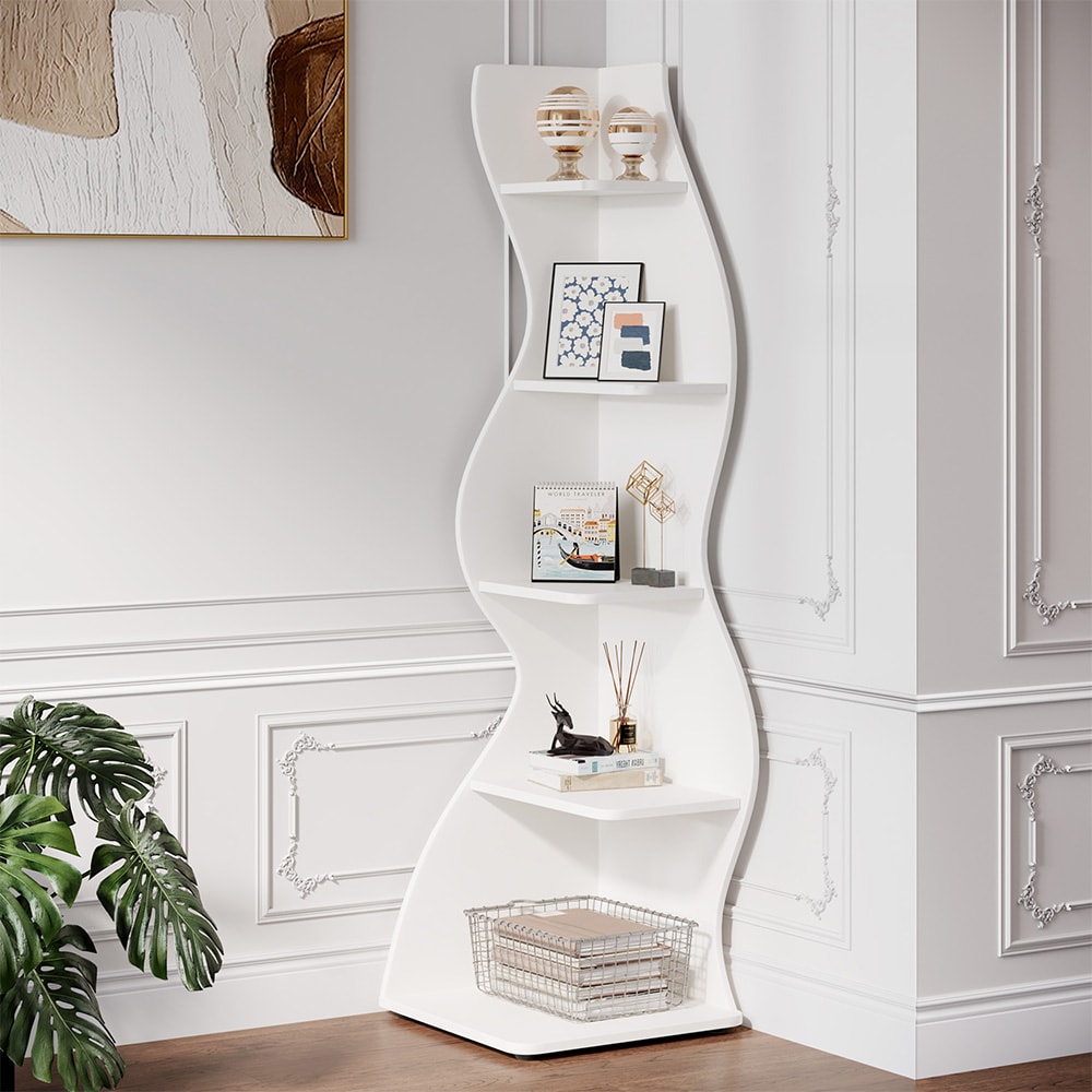 Hvit hjørnebokhylle / hjørnehylle / bokhylle / hylle med 5 justerbare hyller i moderne design