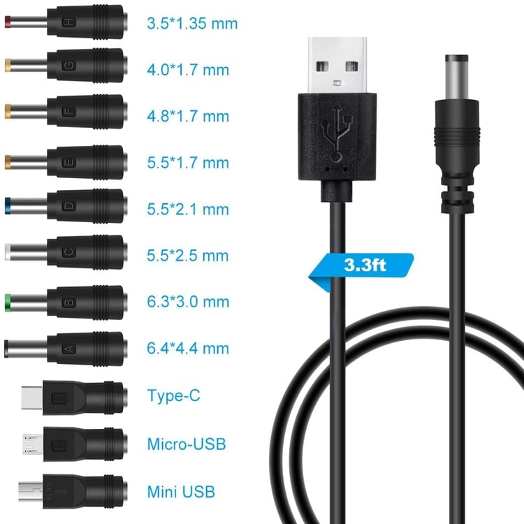 11-i-1-strømkabel med USB og 11 ulike adaptere for 5 V-enheter