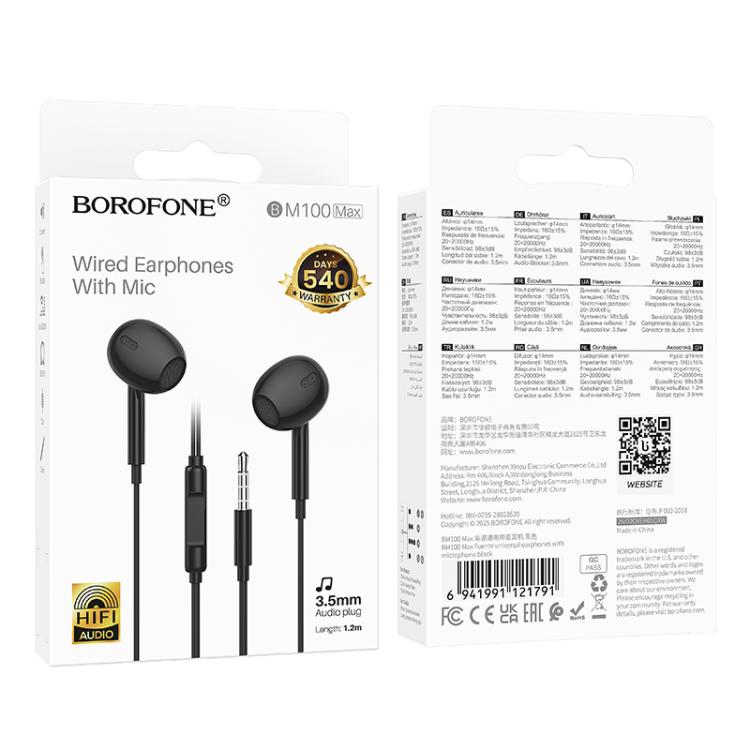 Borofone BM100 In-Ear-hodesett med 3,5 mm 1,2 m - Svart
