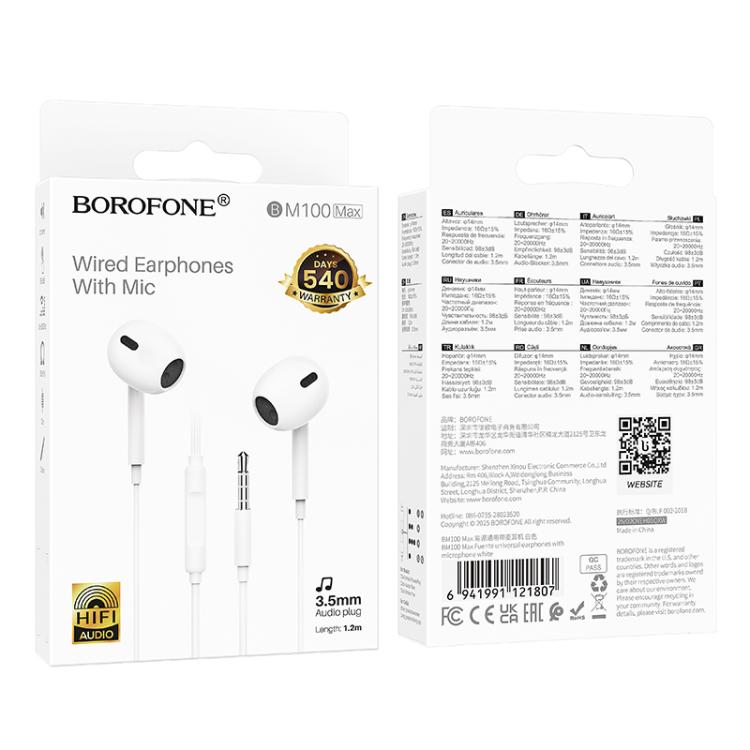 Borofone BM100 In-Ear-hodesett med 3,5 mm 1,2 m - hvit