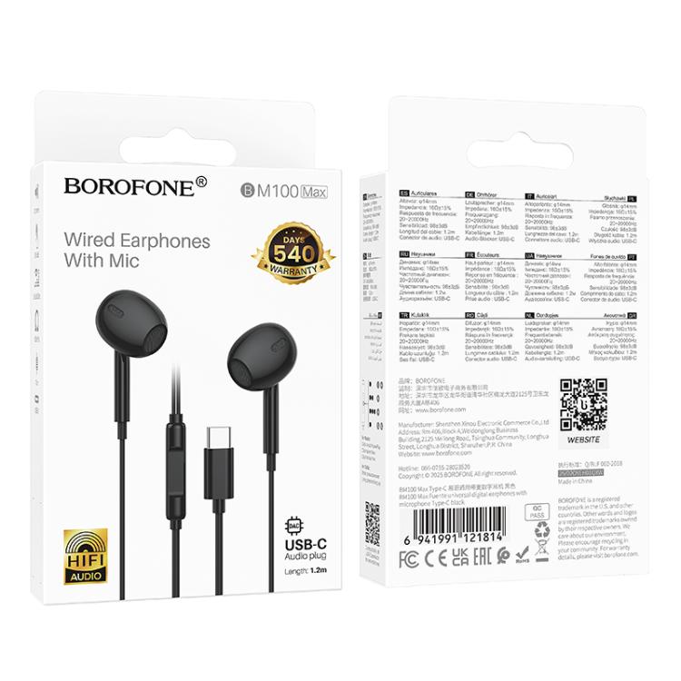 Borofone BM100 In-Ear-hodesett med USB-C 1,2 m - Svart