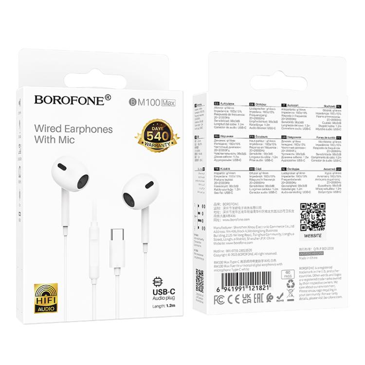 Borofone BM100 In-Ear-hodesett med USB-C 1,2 m - hvit