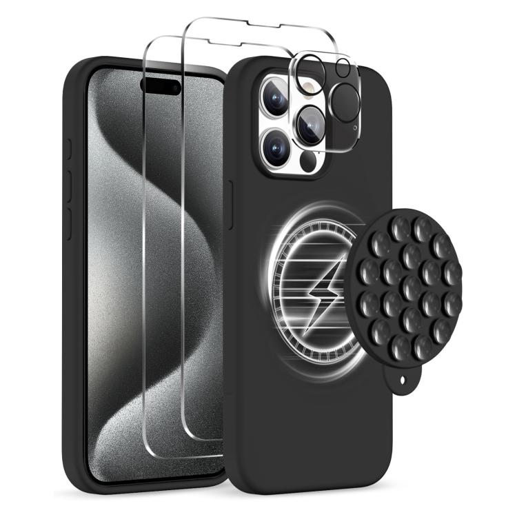 Etui med Magsafe og sugekopp + skjerm- og linsebeskytter til iPhone 15 Pro Max - Svart