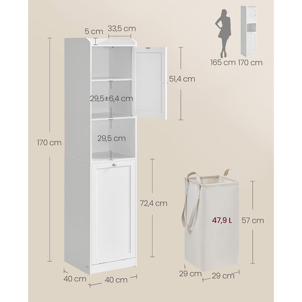 Høyt baderomsskap 40 x 40 x 170 cm med skittentøyskurv og justerbar hylle - Hvit