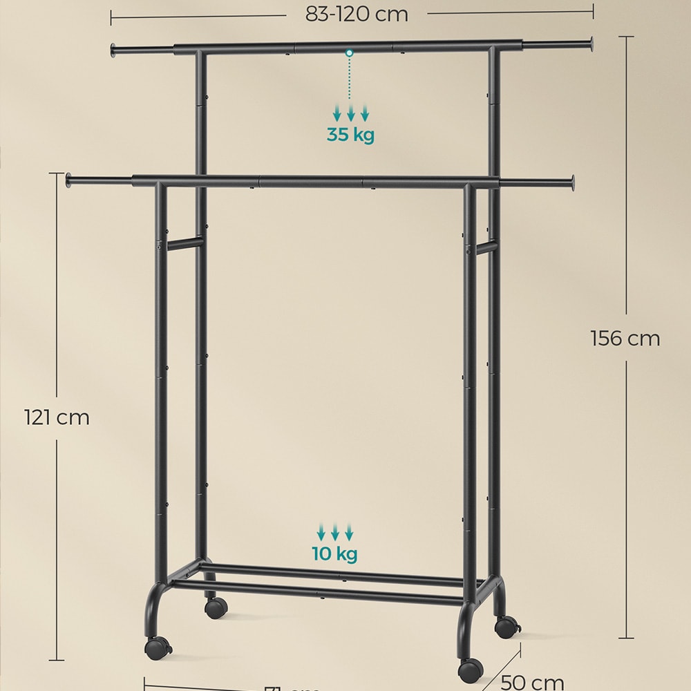 Klesstativ 83-120 cm med hjul og uttrekkbare hengeskinner - Svart