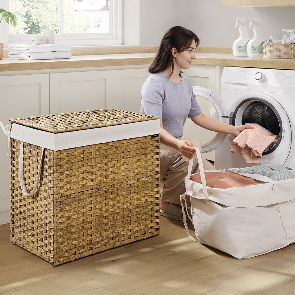 160 L skittentøyskurv med lokk og to seksjoner i rottingdesign