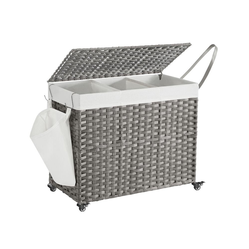 160 L skittentøyskurv med lokk, hjul og tre rom - Grå