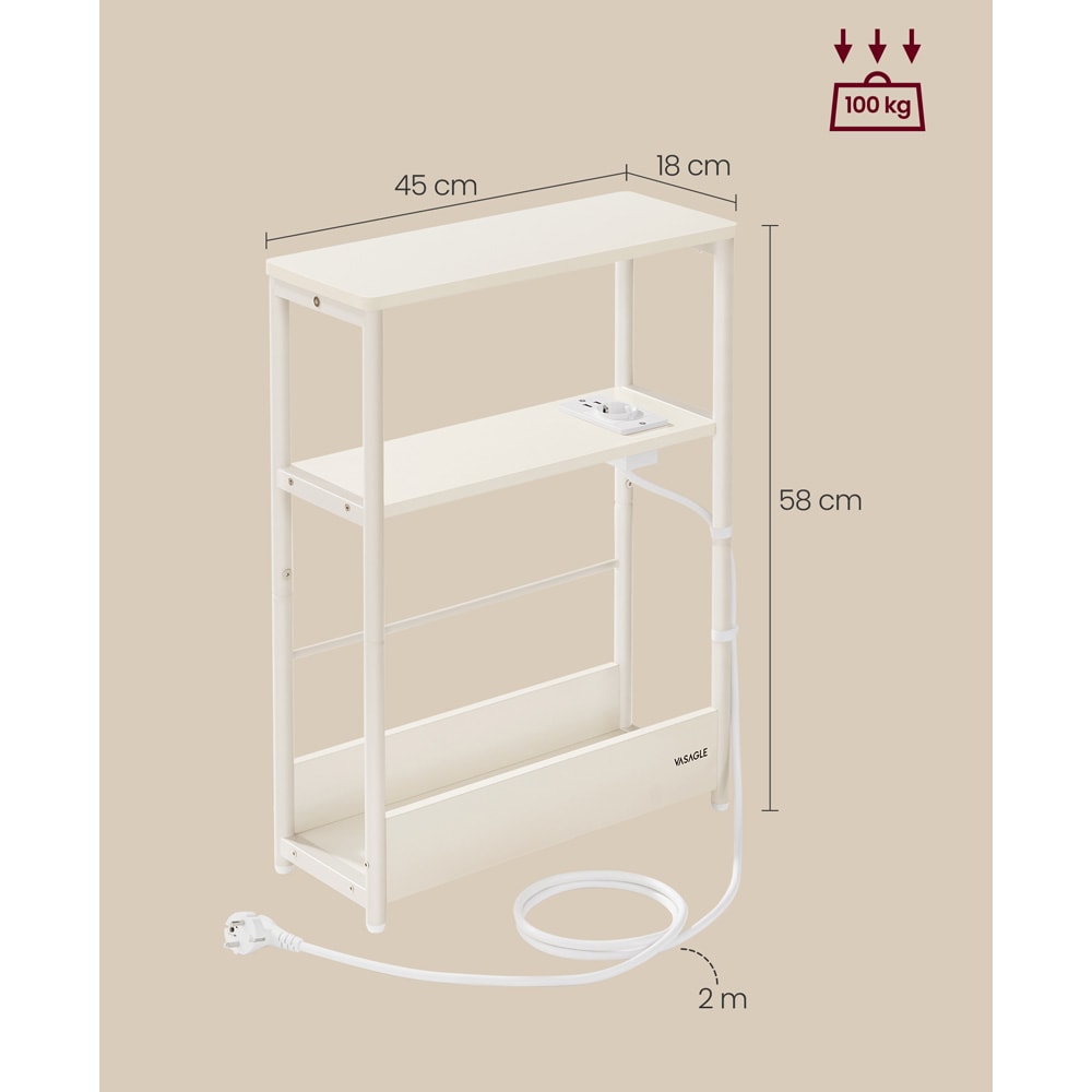Smalt sidebord 18 x 45 x 58 cm med innebygd strømuttak - Hvit