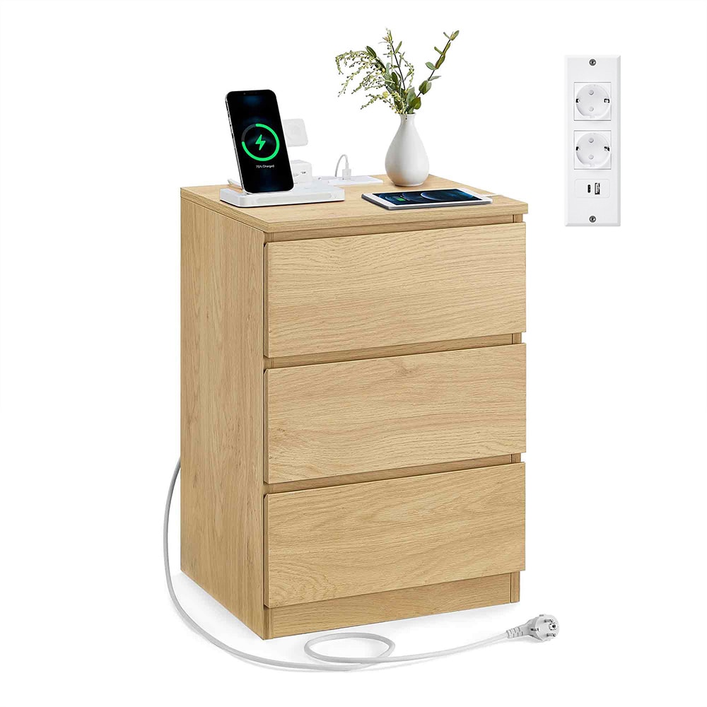 Nattbord med 3 skuffer og innebygd strømuttak + USB