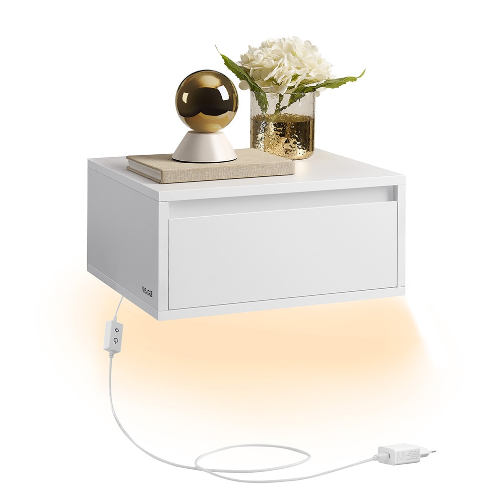 Veggmontert nattbord 35 x 40 x 18 cm med LED-belysning og skuff